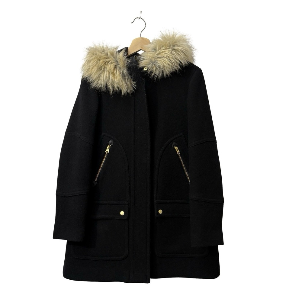 J Crew Women's Black Stadium Cloth Nello Gori Parka Wool Coat Sz 4 Full Zip